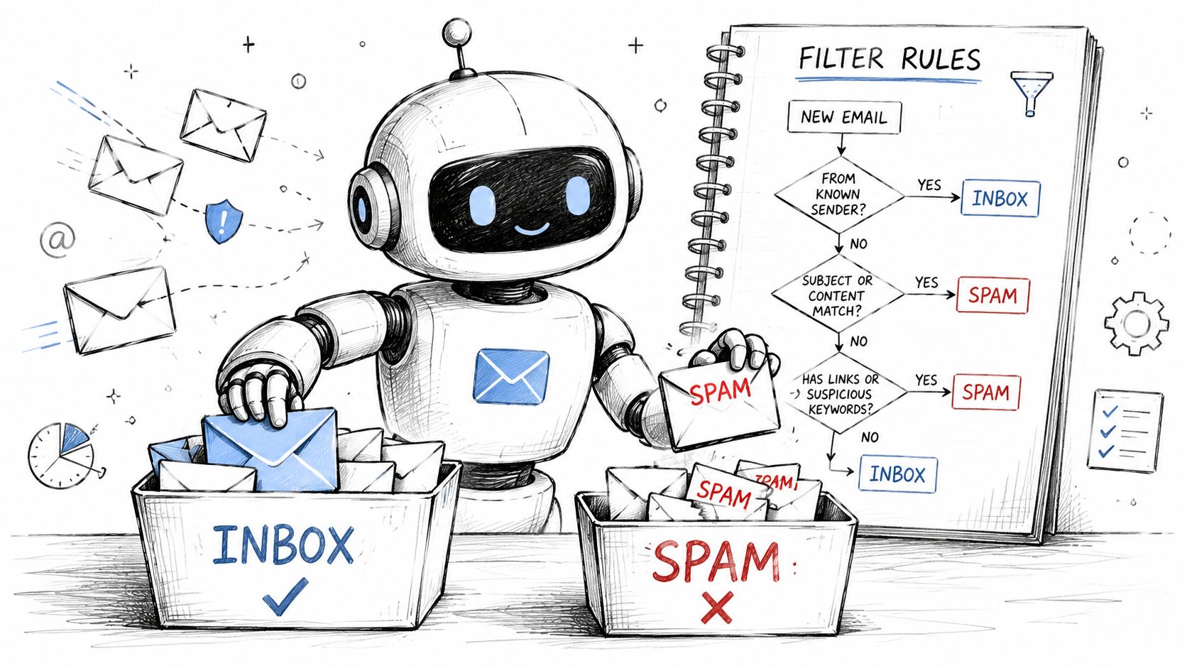 A robot sorting email messages into inbox and spam folders based on a visual filter rule flowchart.