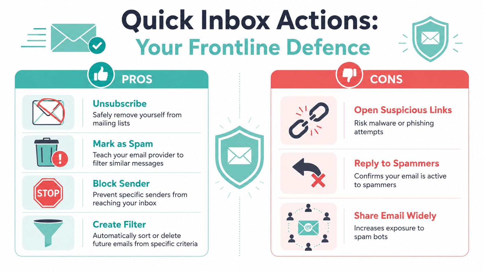 An infographic illustrating email safety practices, comparing positive inbox management actions against risky behaviors to avoid.