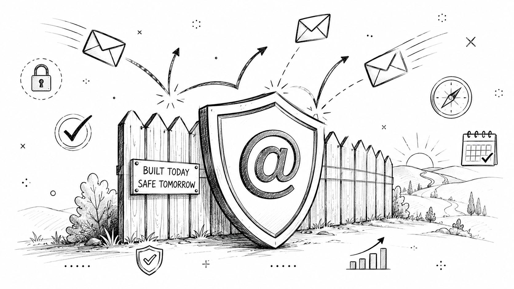 A line drawing illustration showing a shield with an email symbol protecting a fence in a landscape.