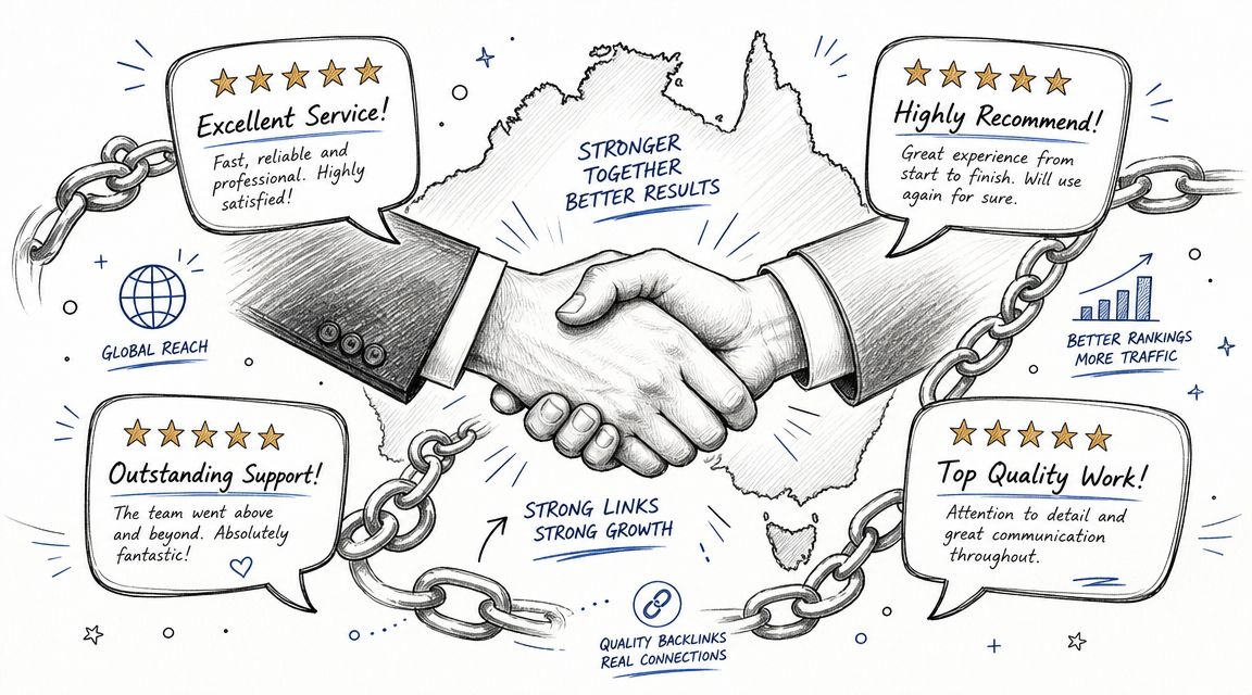 Local SEO Australia: 2026 Guide for SMBs 6 A handshake illustration in front of an australian map representing business growth and seo success with testimonials.