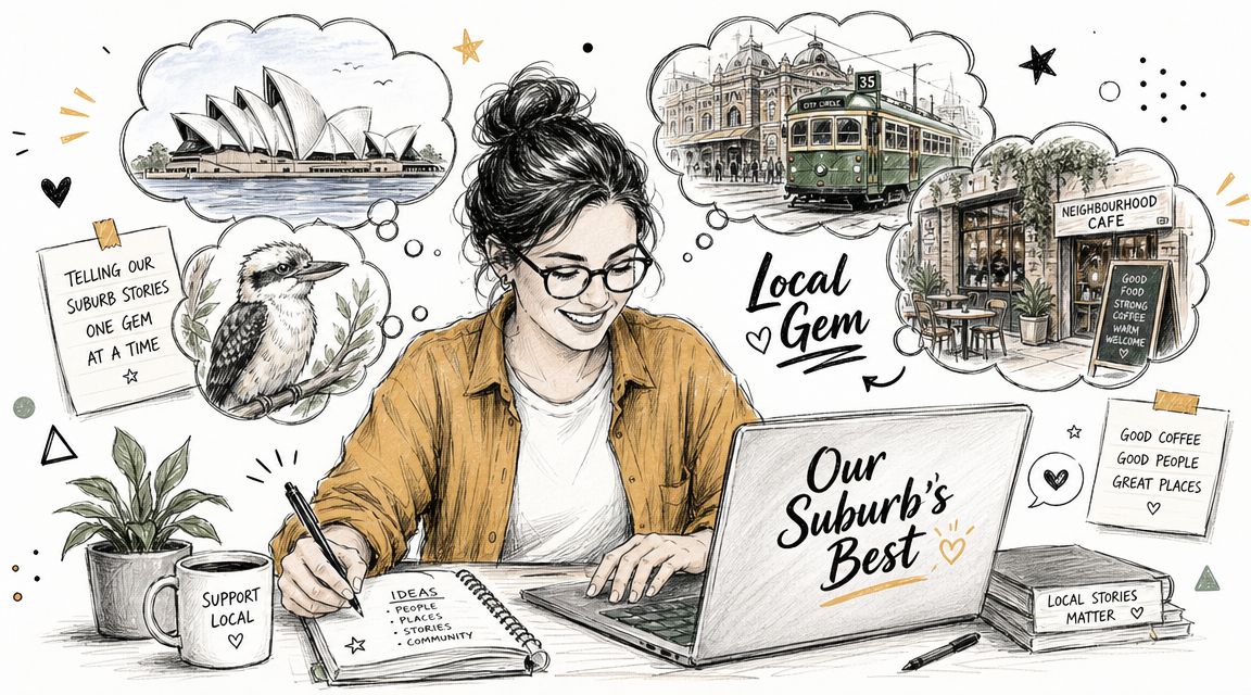 Local SEO Australia: 2026 Guide for SMBs 5 A woman sketching and working on a laptop surrounded by thoughts of australian landmarks and local cafes.