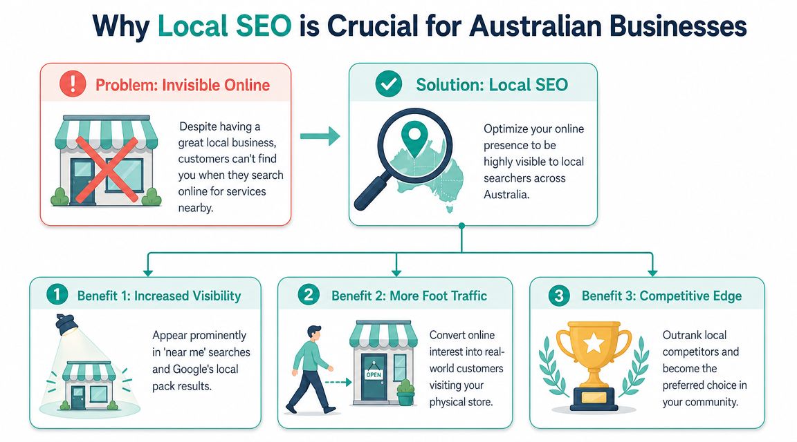 Local SEO Australia: 2026 Guide for SMBs 2 An infographic illustrating why local seo strategies are essential for improving visibility and growth for australian businesses.