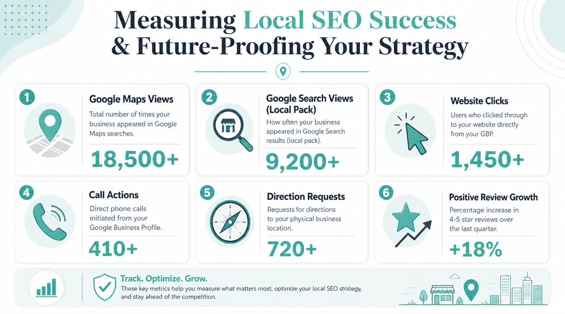 Local SEO Australia: 2026 Guide for SMBs 8 An infographic detailing six key performance metrics for measuring success and strategy in local seo marketing.