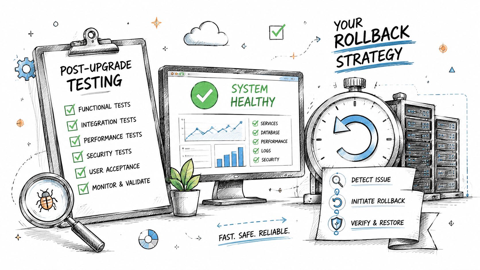 Update Php Version WordPress Safely: 2026 Guide 8 A hand-drawn illustration depicting post-upgrade testing procedures and a rollback strategy for system maintenance and reliability.