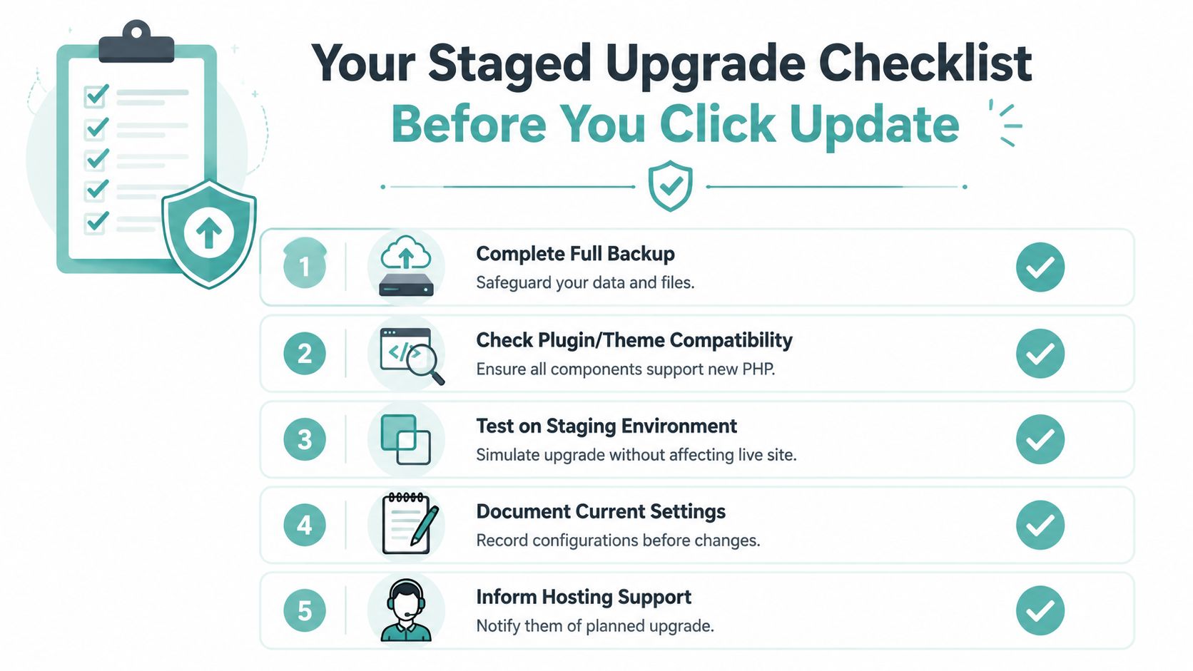 Update Php Version WordPress Safely: 2026 Guide 2 A checklist infographic outlining five essential steps to perform a staged website update, including backups and testing.