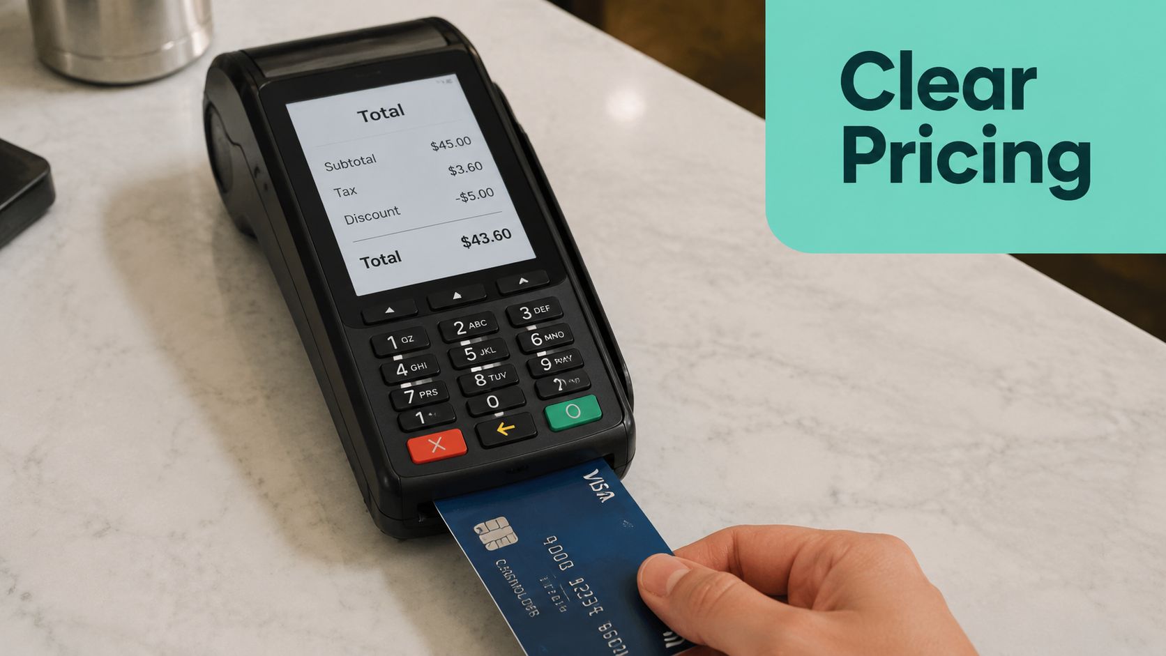 A close-up view of a hand inserting a blue credit card into a digital point-of-sale terminal.