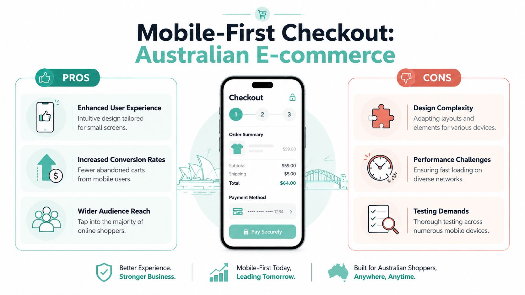 An infographic comparing the pros and cons of mobile-first checkout experiences for australian e-commerce websites.