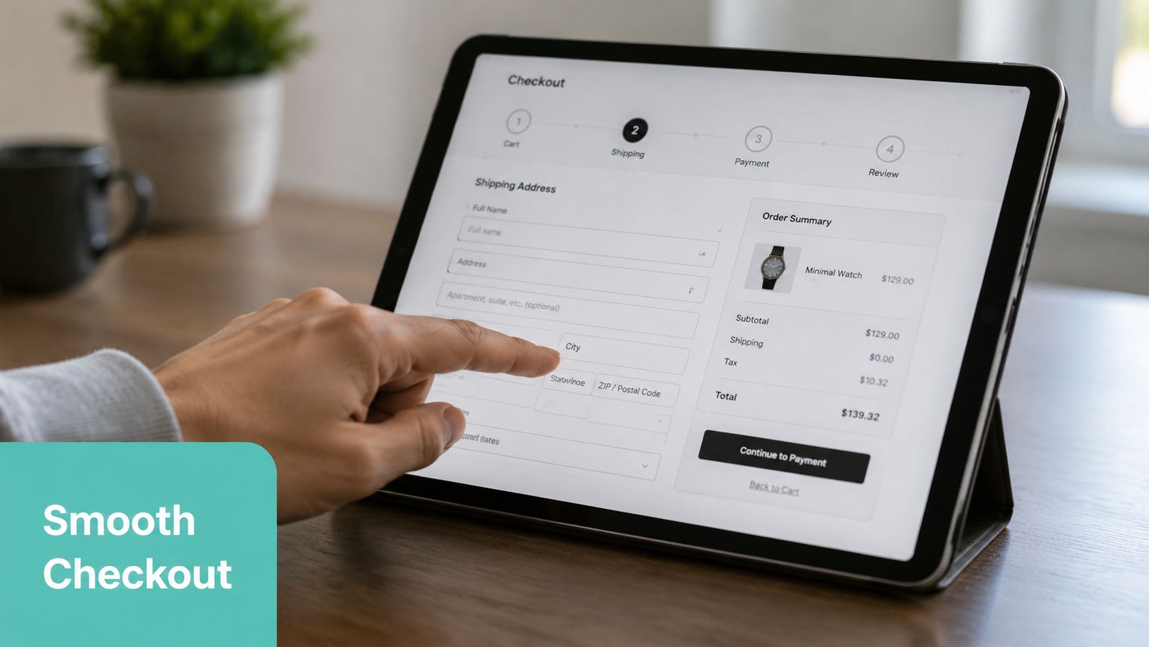 A person entering shipping details on a tablet screen for a smooth online store checkout experience.