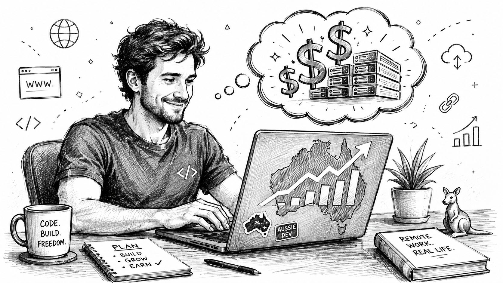 Your Australian Web Hosting Affiliate Program Guide 2026 2 A digital illustration of a happy programmer using a laptop, representing web hosting affiliate program success.