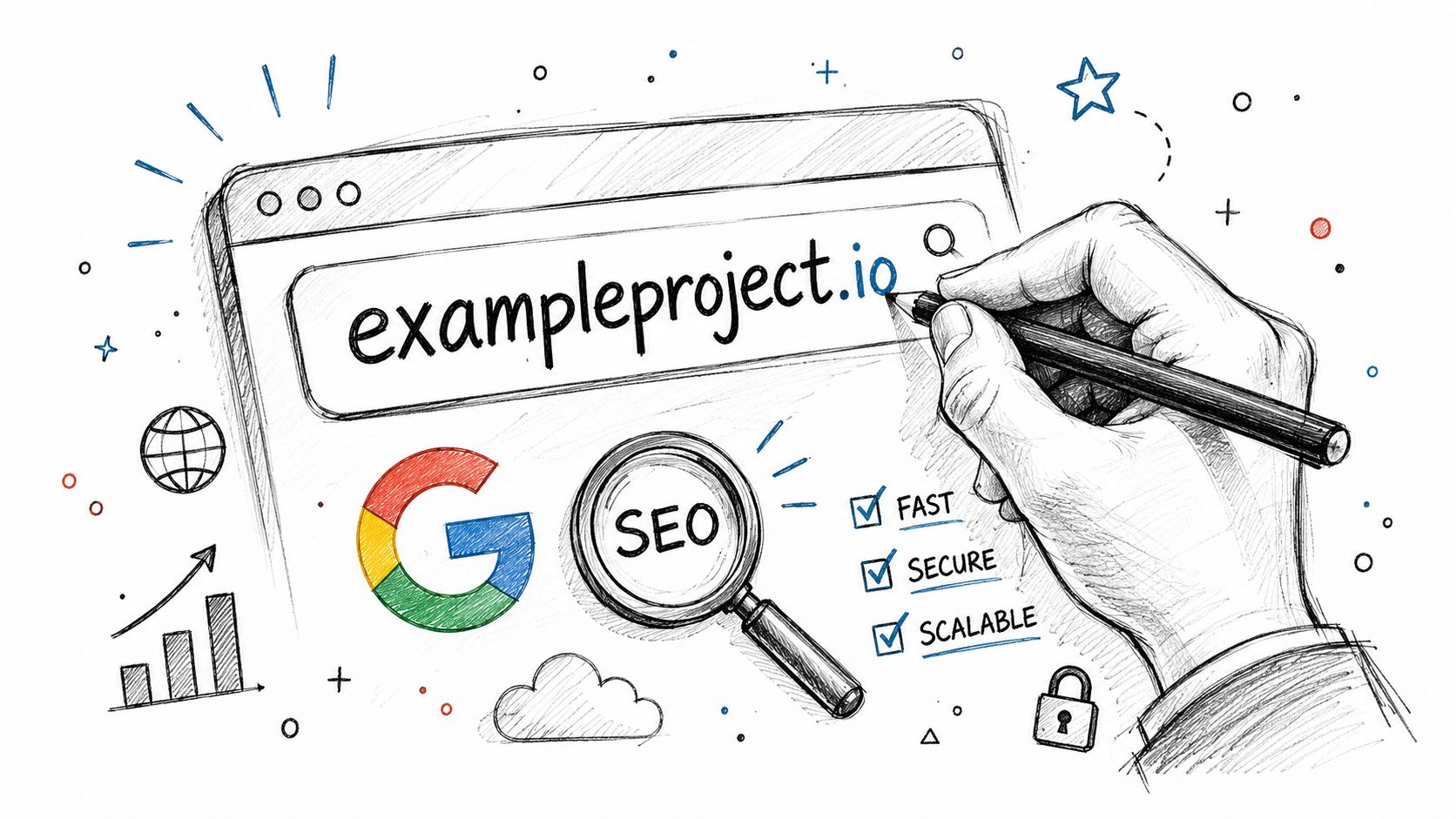 What Is .Io: A Guide for Australian Businesses 2026 4 A hand-drawn illustration showing a website interface with the domain exampleproject. Io, seo tools, and performance checklists.