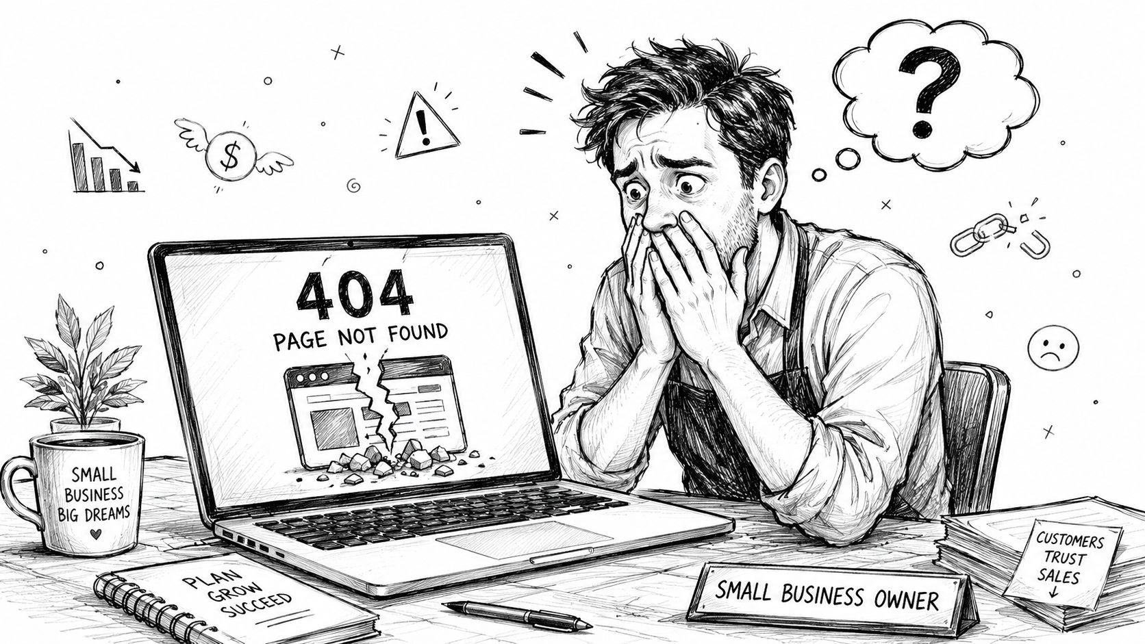 What Is Off-Site Backup? an AU Small Business Guide 2 A distressed business owner looking at a 404 page not found error on a laptop screen.