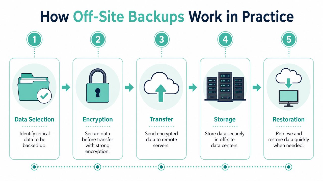 What Is Off-Site Backup? an AU Small Business Guide 5 A five-step infographic explaining the process of performing secure off-site data backups for businesses.