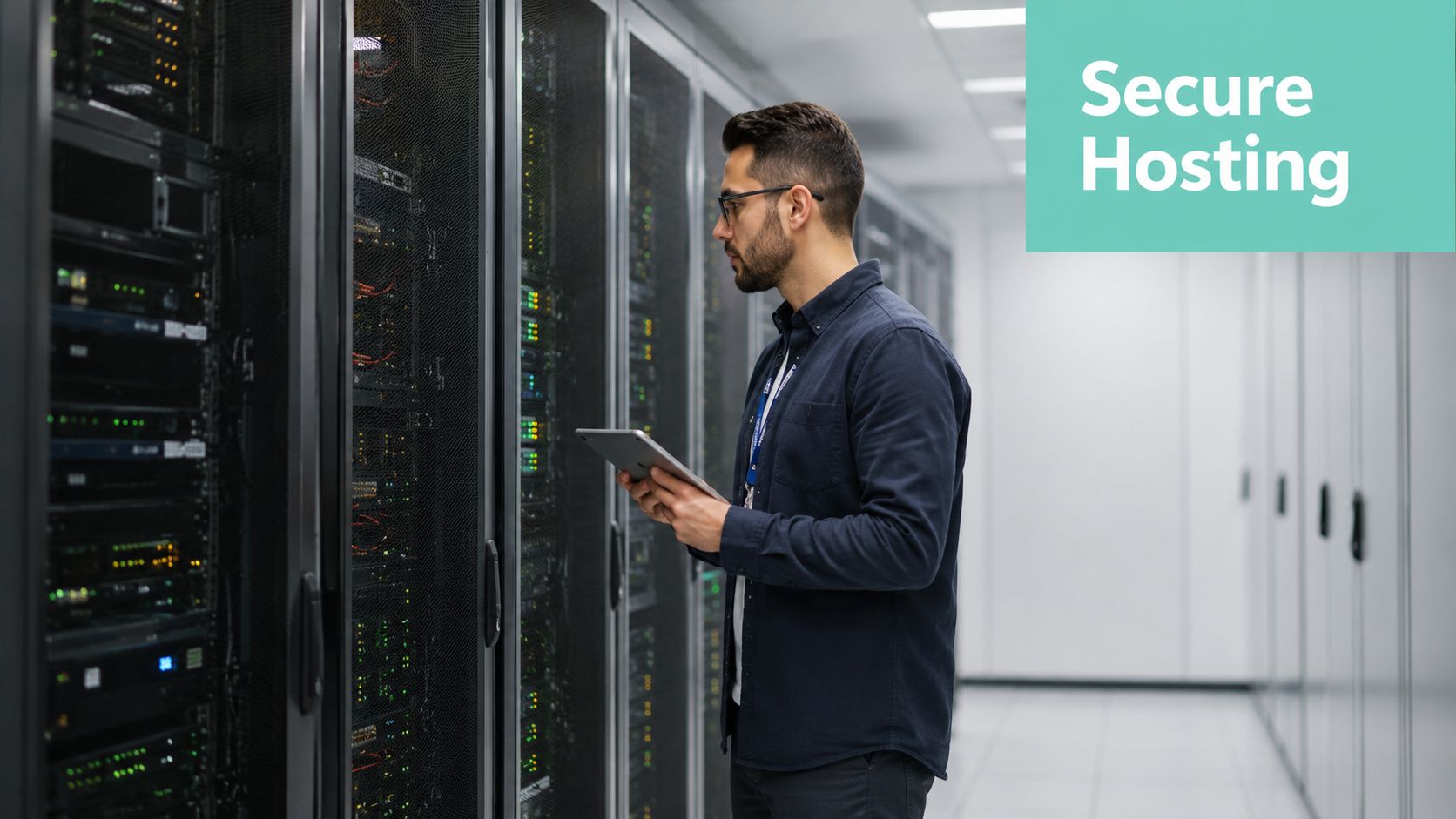 A male it technician wearing glasses checks server equipment in a secure, modern data center facility.