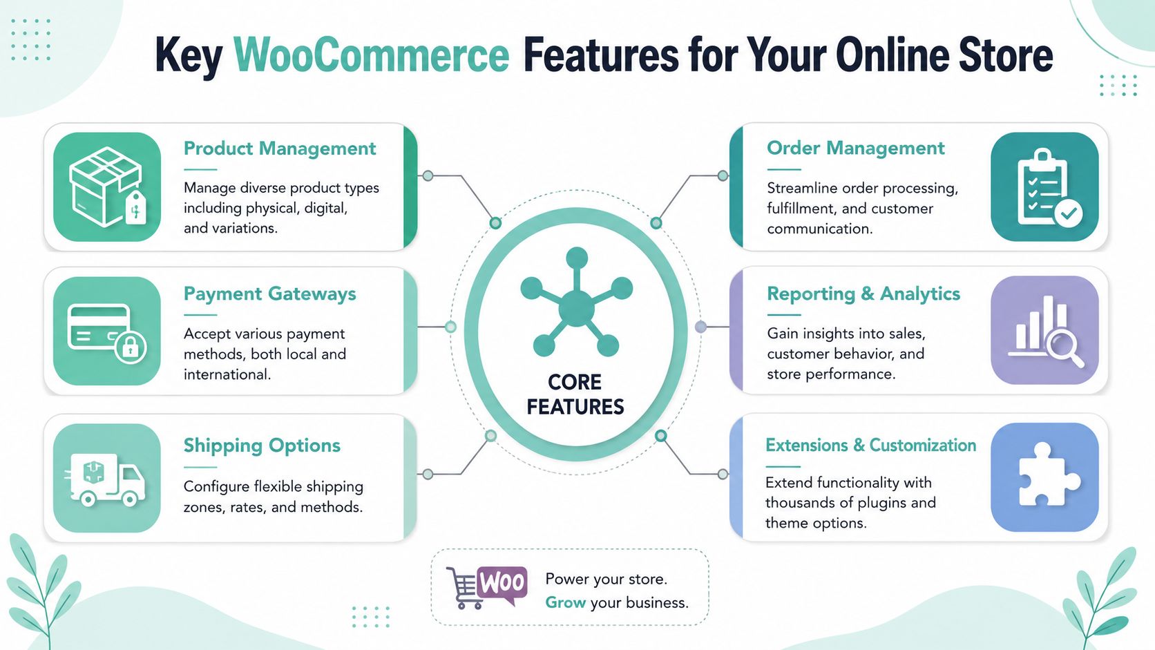An infographic showing six key woocommerce features, including product management, payment gateways, and reporting tools for e-commerce.