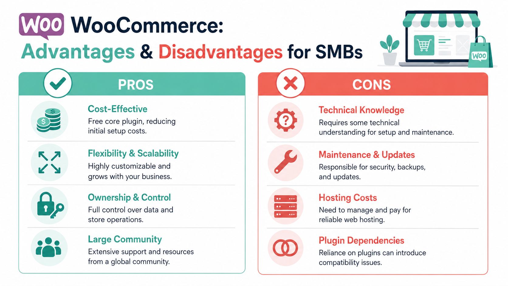 A visual comparison infographic outlining the key pros and cons of using woocommerce for small business websites.