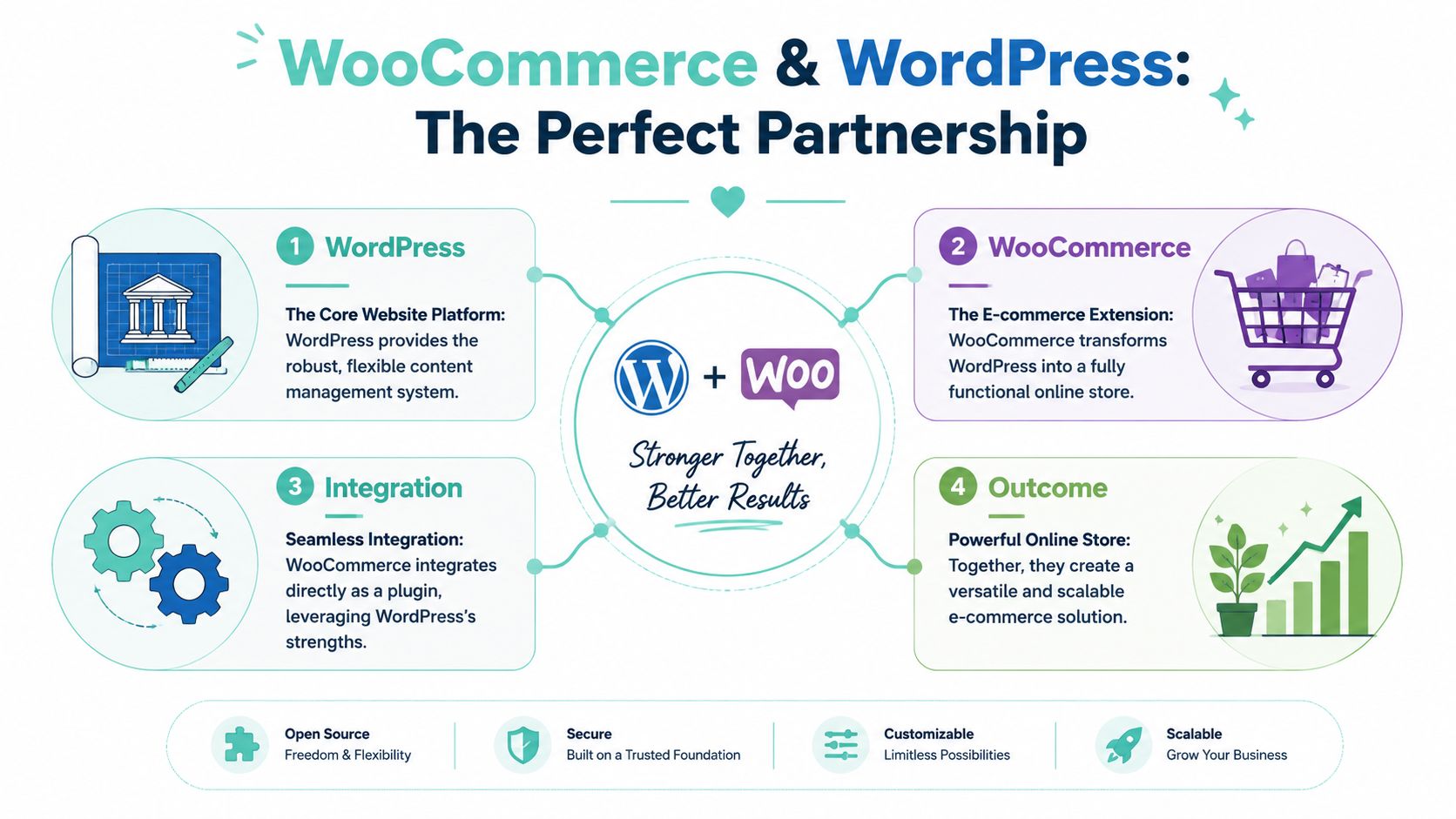 An infographic explaining the partnership between wordpress and woocommerce to build powerful online stores.