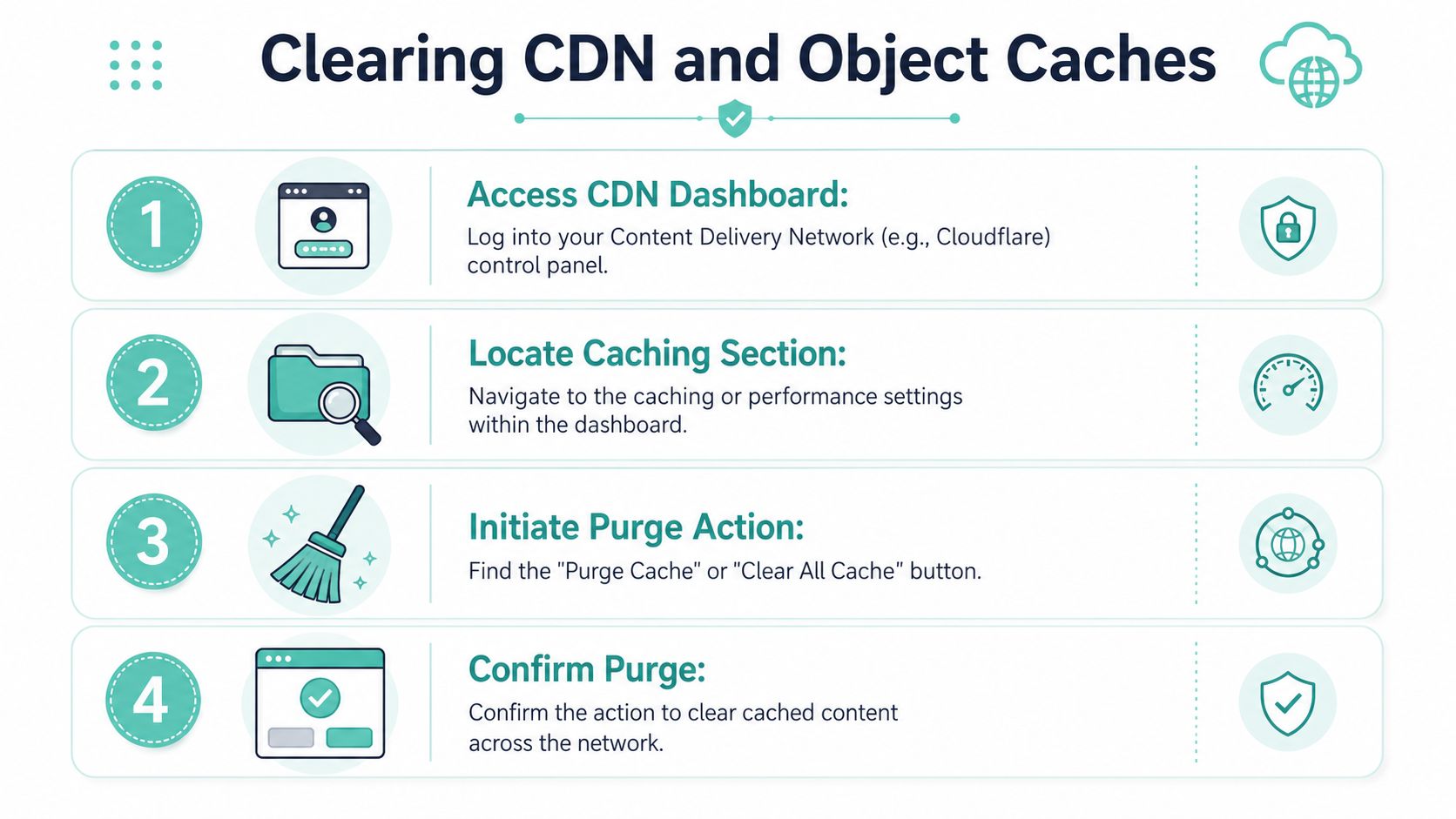 A step-by-step infographic illustrating how to clear cdn and object caches for website optimization.