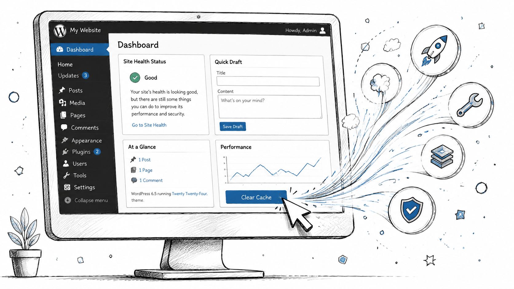 A hand-drawn illustration of a computer monitor displaying a wordpress dashboard with a clear cache button.