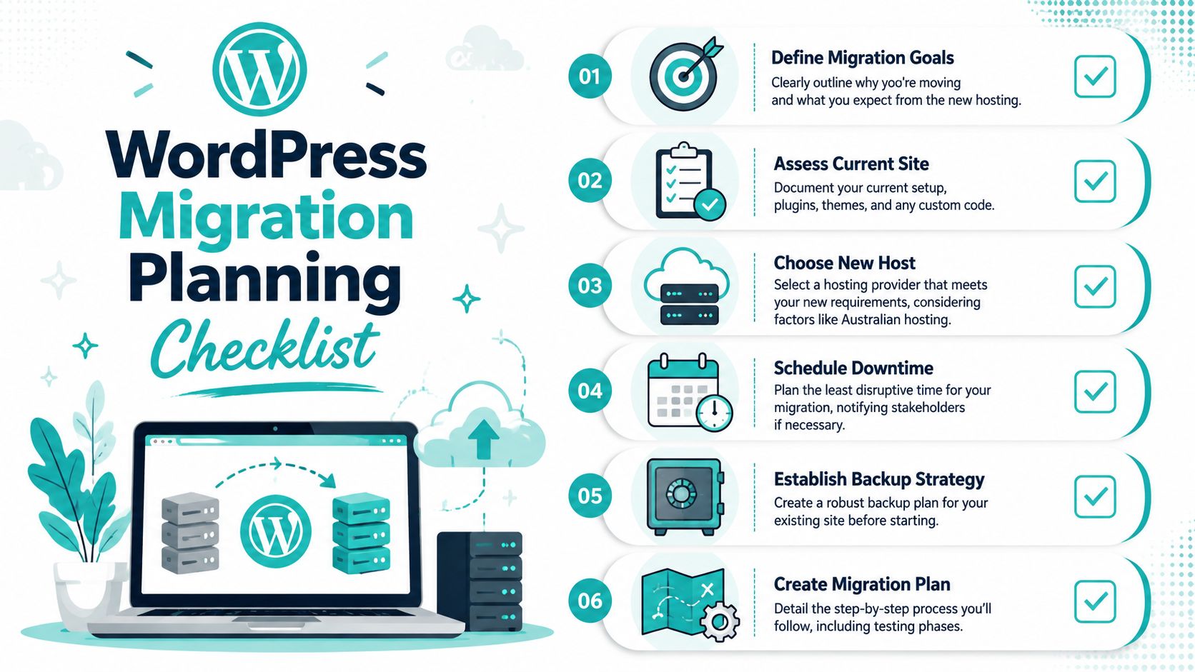 An infographic checklist for wordpress migration, showing six essential planning steps for moving a website.