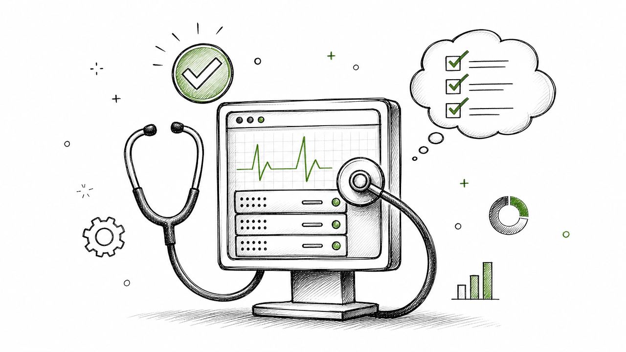A hand-drawn illustration depicting a computer monitor with a heartbeat line, a stethoscope, and task checklists.