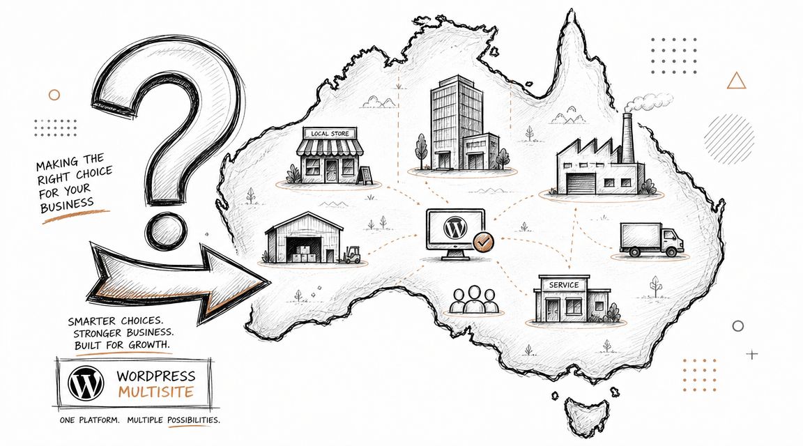 A hand-drawn illustration of the australian map connecting various business sectors to a central wordpress logo.