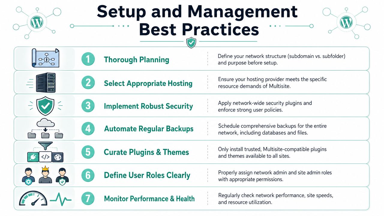 An infographic detailing seven essential best practices for setting up and managing a wordpress multisite network.