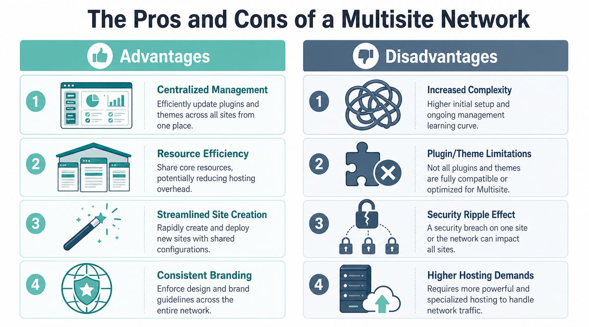 An infographic titled the pros and cons of a multisite network, detailing four advantages and four disadvantages.
