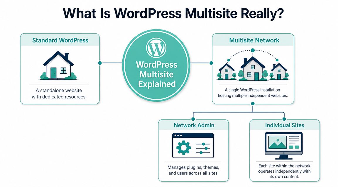 A diagram explaining wordpress multisite by comparing a single website to a network of independent sites.
