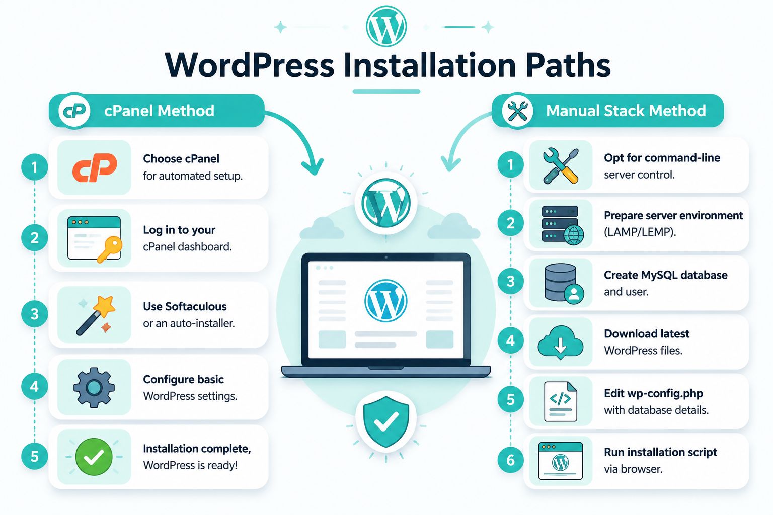 An infographic illustrating two wordpress installation paths, cpanel automated setup versus a manual server stack method.