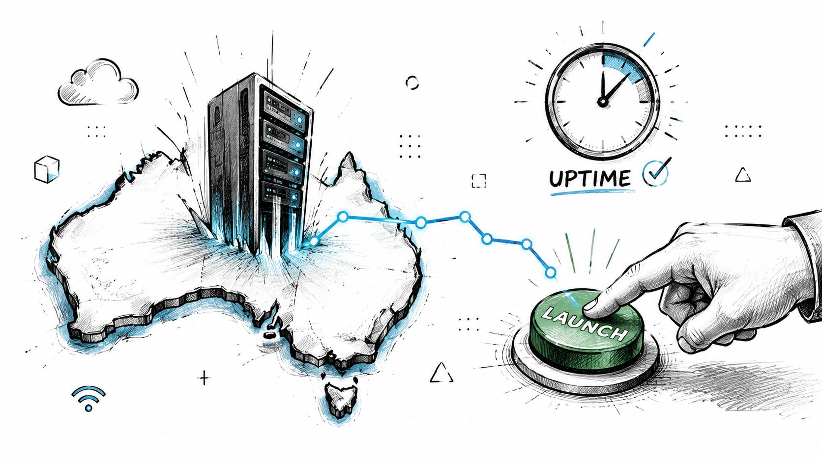 A hand pressing a launch button connected to a server rack located on a map of australia.