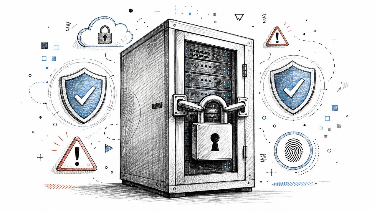 A sketched illustration of a server rack secured with a large padlock, featuring security shield and alert icons.