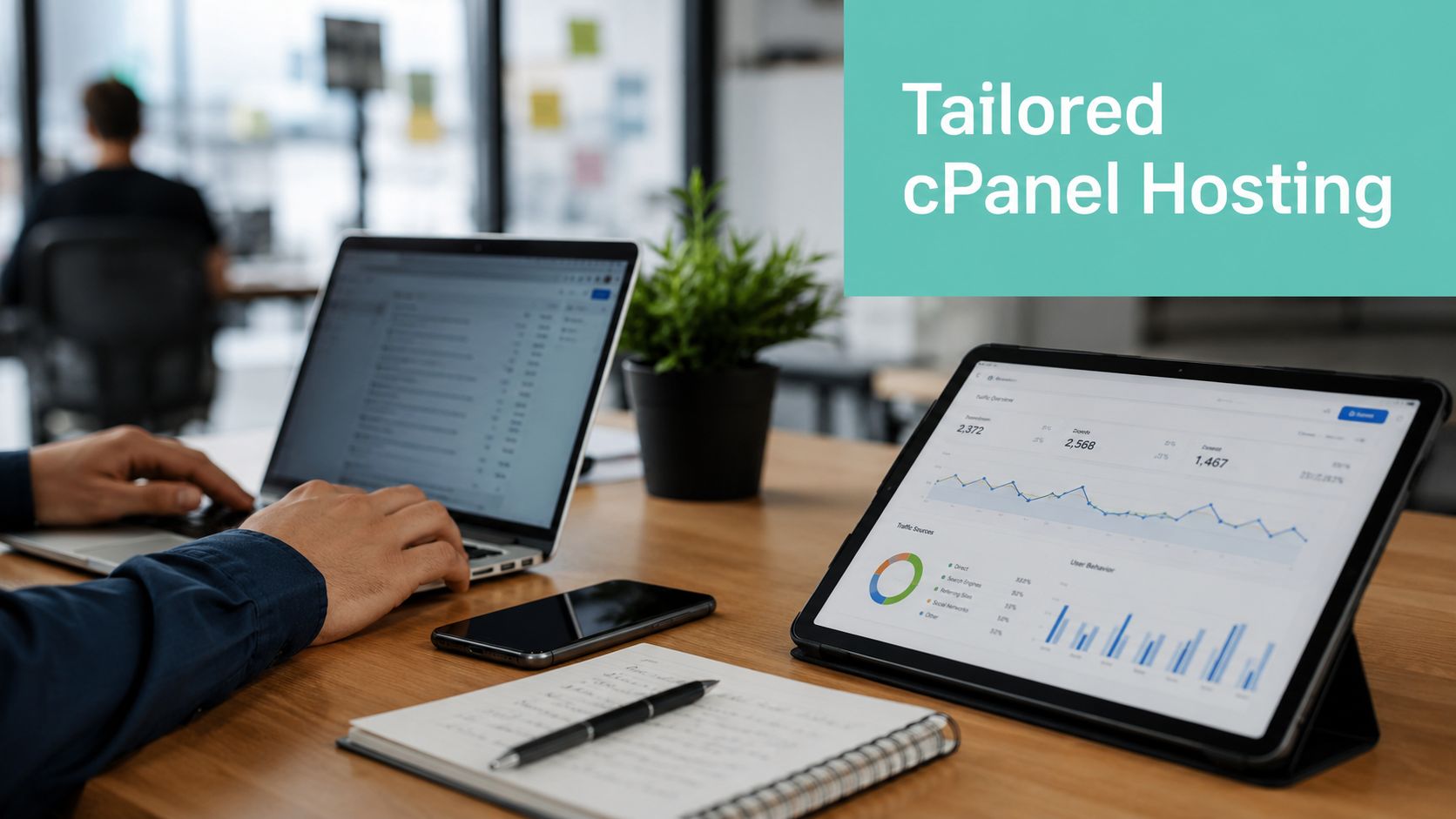 Best cPanel Hosting in Australia for 2026 5 A professional working on a laptop and tablet with traffic analytics displayed on a wooden desk.
