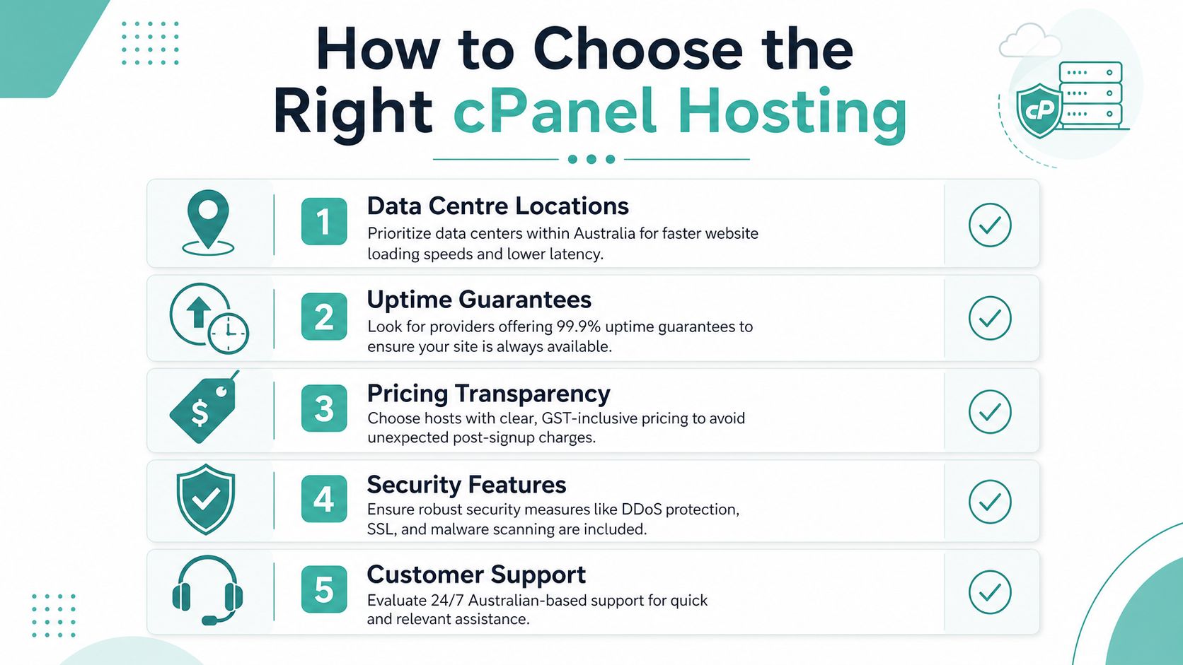 Best cPanel Hosting in Australia for 2026 4 An infographic titled how to choose the right cpanel hosting, listing five essential factors for selecting web hosting.