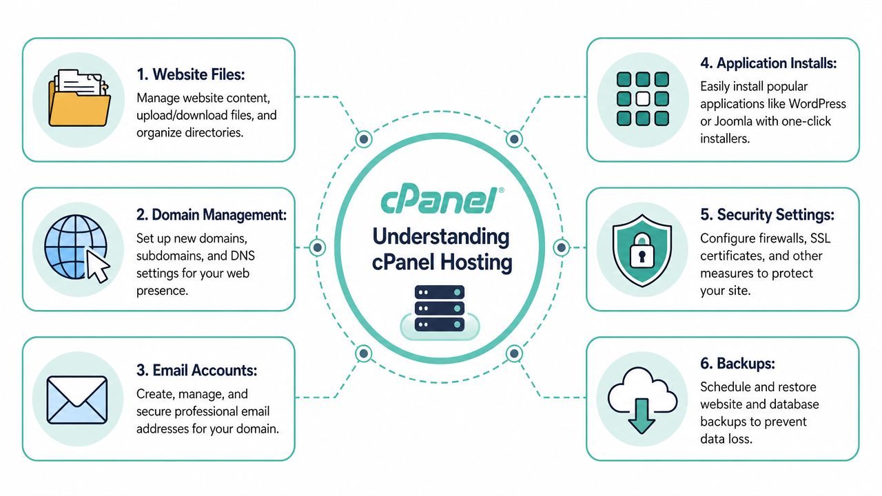 Best cPanel Hosting in Australia for 2026 2 A diagram illustrating the core functionalities of cpanel hosting including file management, domains, email, and security.