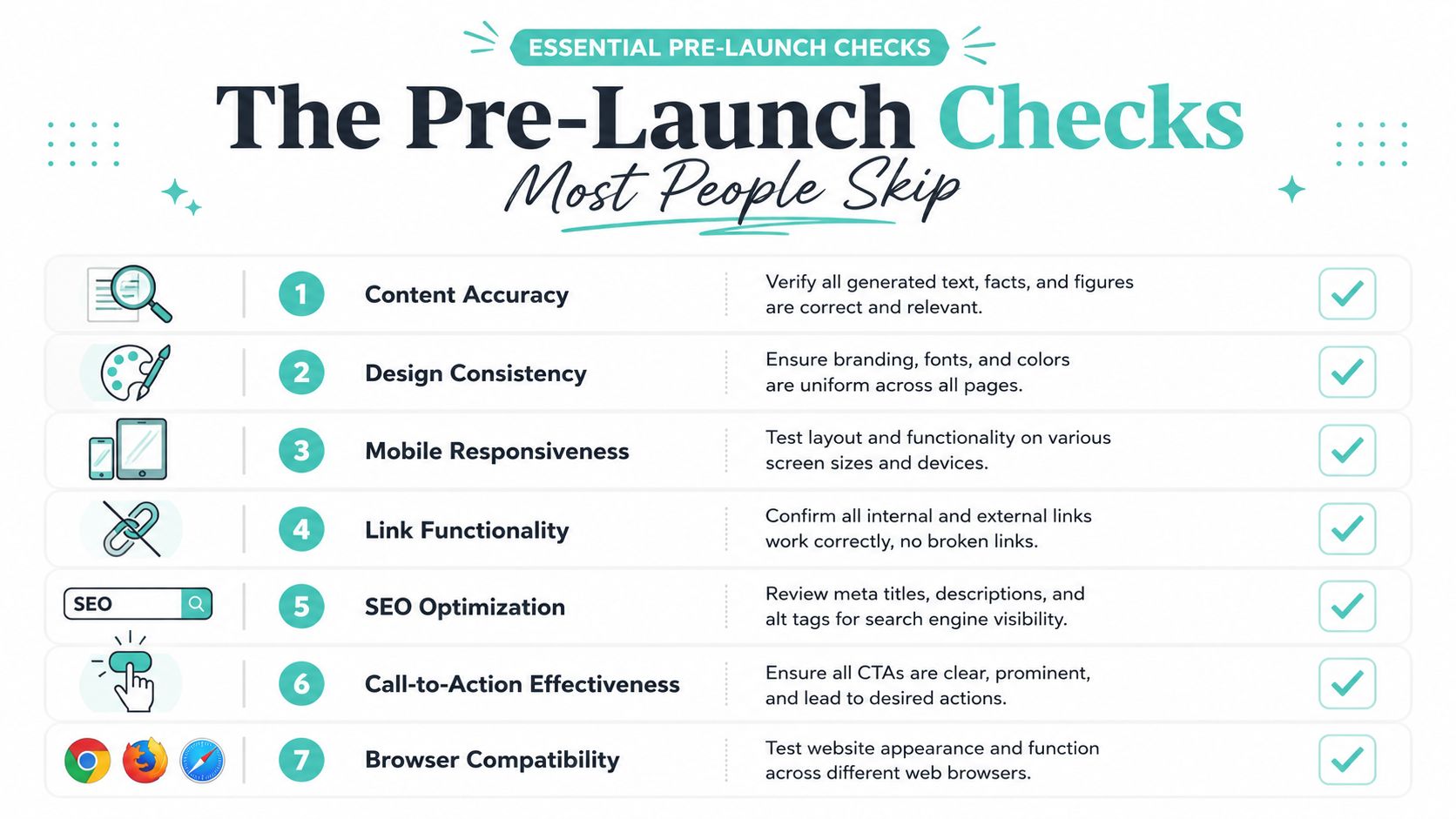 How to Build Website with Ai: Your 2026 Guide 6 A checklist infographic titled the pre-launch checks most people skip for verifying website launch readiness tasks.