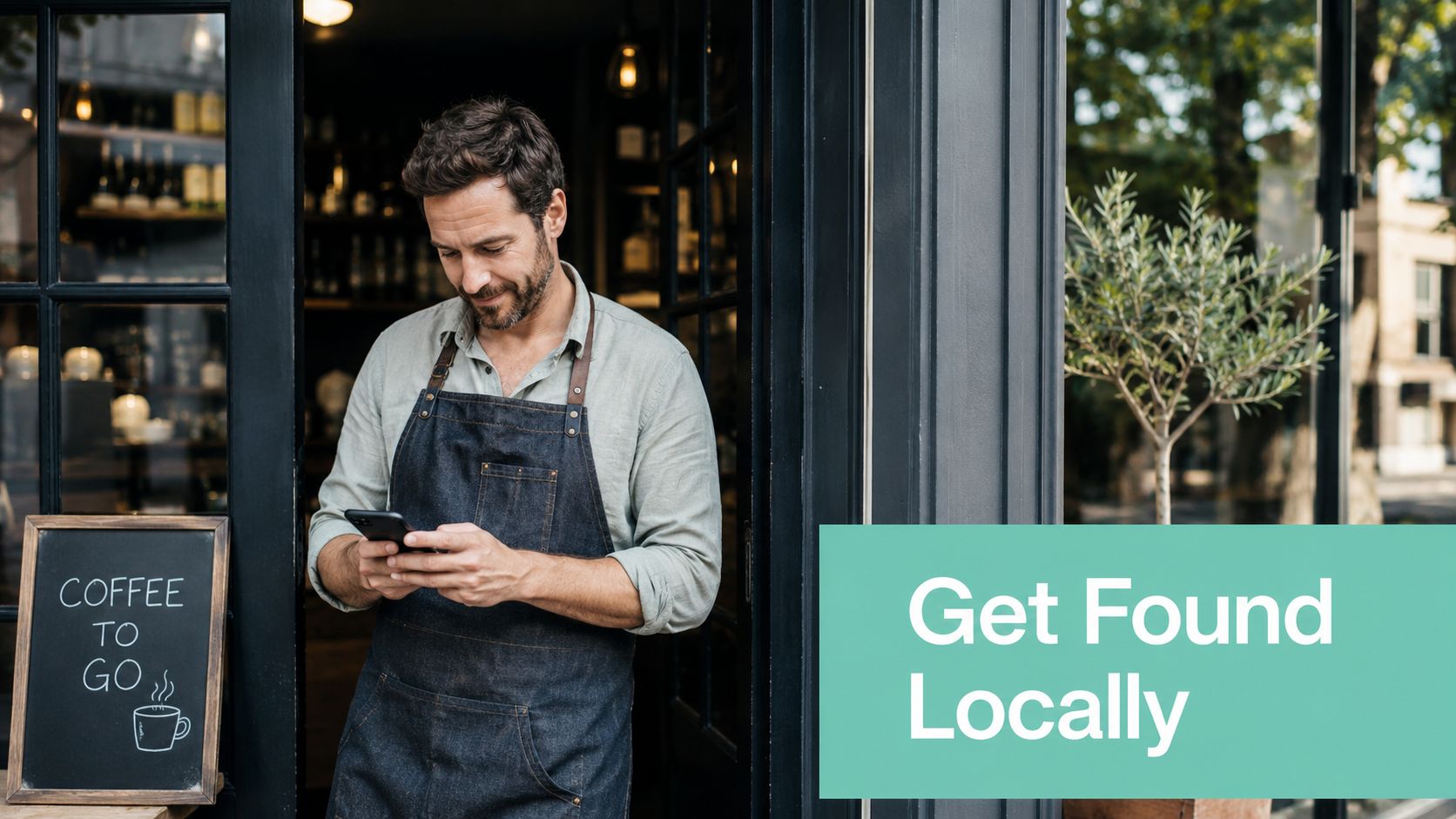 Learn How to Create Fb Page: Australian Business Guide 2026 2 A cafe owner wearing an apron stands in a doorway looking at his smartphone with text overlay.