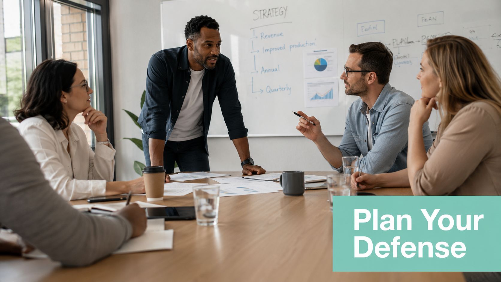 Cyber Security for Small Business: An Australian Guide 3 A professional team collaborating during a business strategy meeting in a bright, modern office conference room.