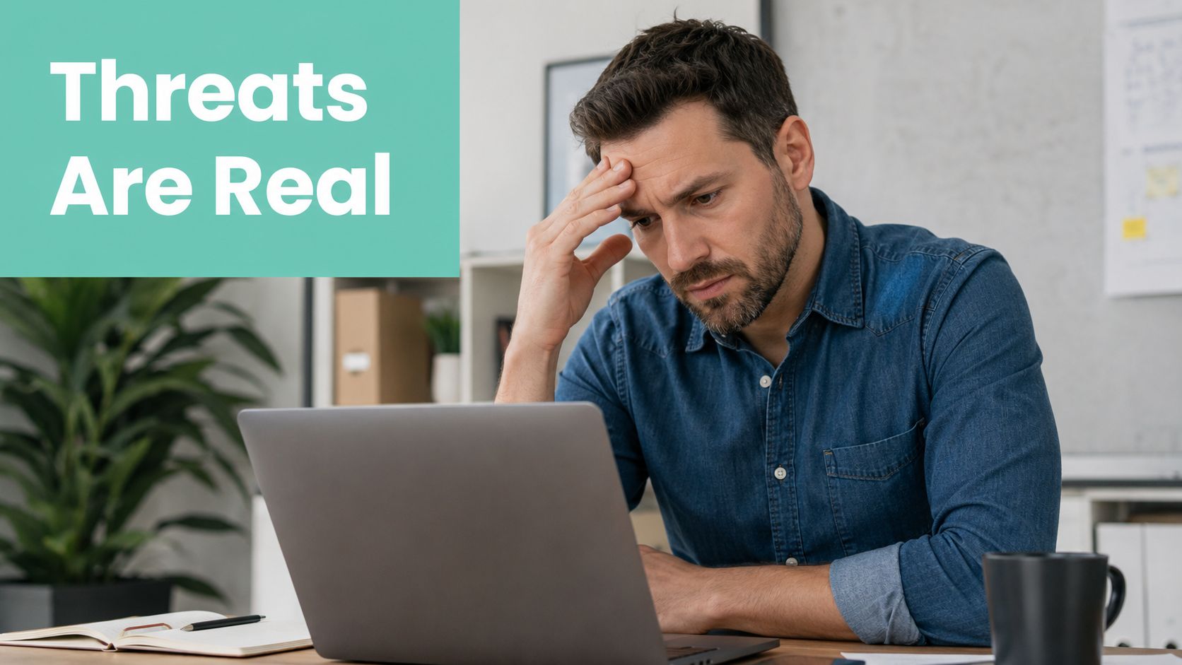 Cyber Security for Small Business: An Australian Guide 1 A stressed man sitting at a desk looking at a laptop with the text threats are real above.