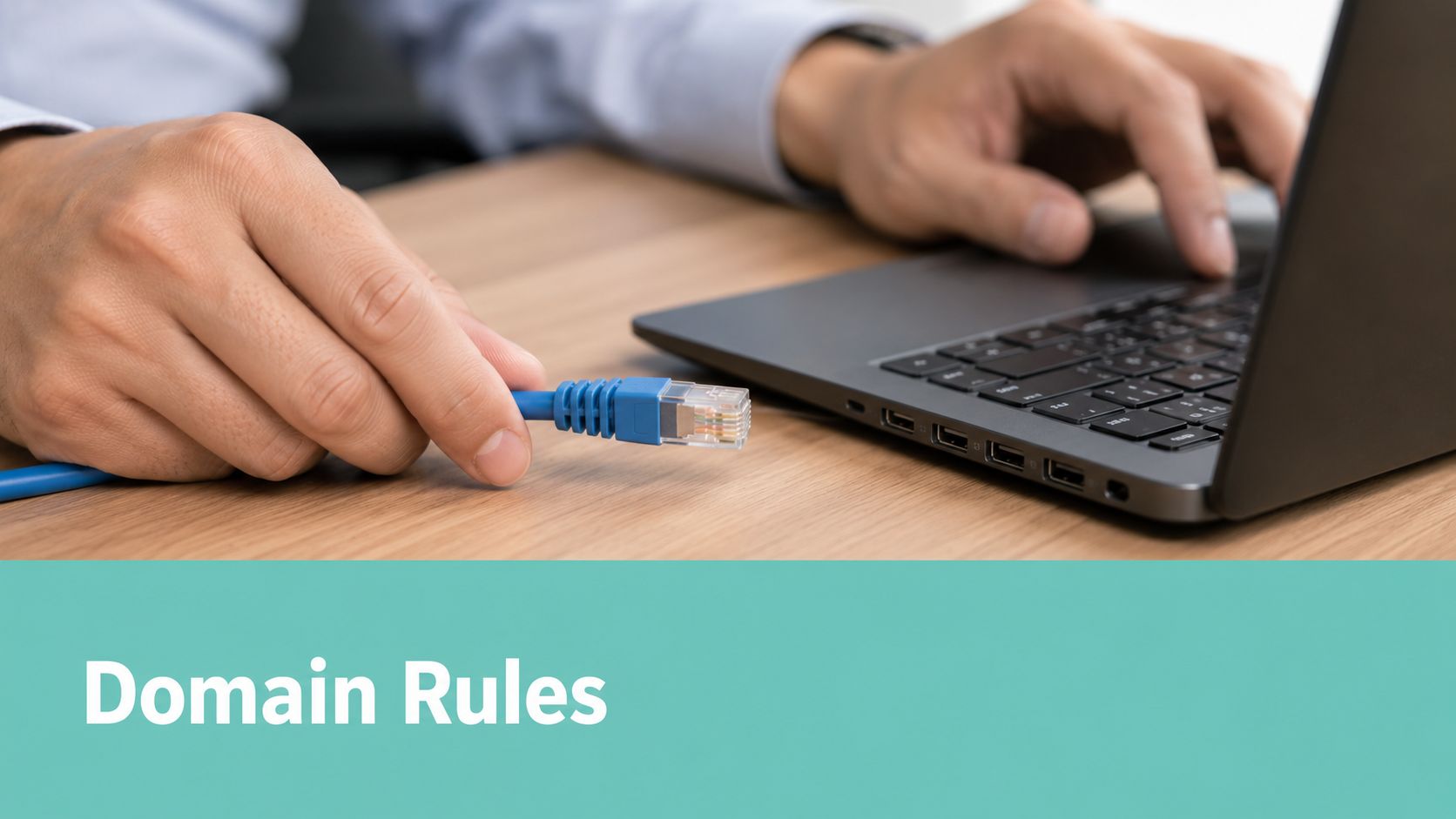 Domain Registration Requirements: A 2026 Guide For Australian Businesses 4 A close-up view of a person holding an ethernet cable near a laptop on a desk.