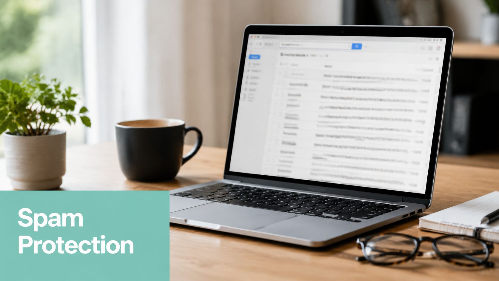Safeguard Your Business: Email Security Best Practices 3 An open laptop showing an email inbox on a desk with a plant and glasses, signifying spam protection.