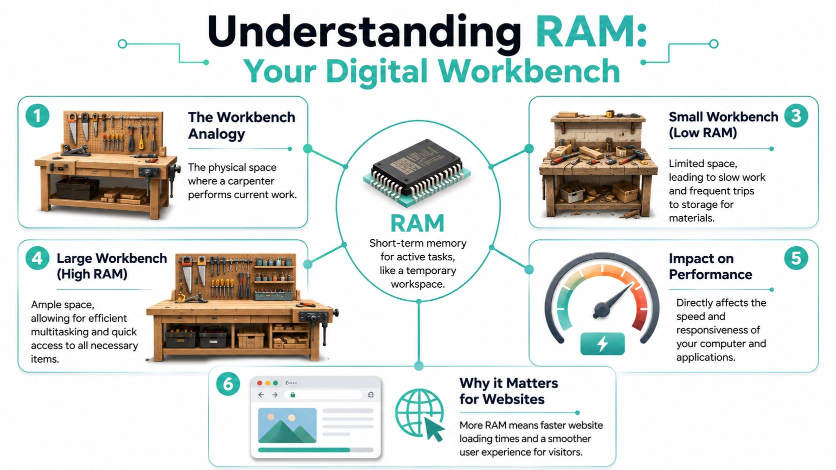 How Much RAM Do I Need? Your 2026 PC & Hosting Guide 2 An infographic explaining how computer ram works using the analogy of a carpenter's workbench for performance.