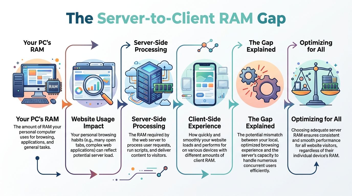How Much RAM Do I Need? Your 2026 PC & Hosting Guide 4 A flowchart infographic explaining the relationship between client-side ram usage and server-side processing performance.