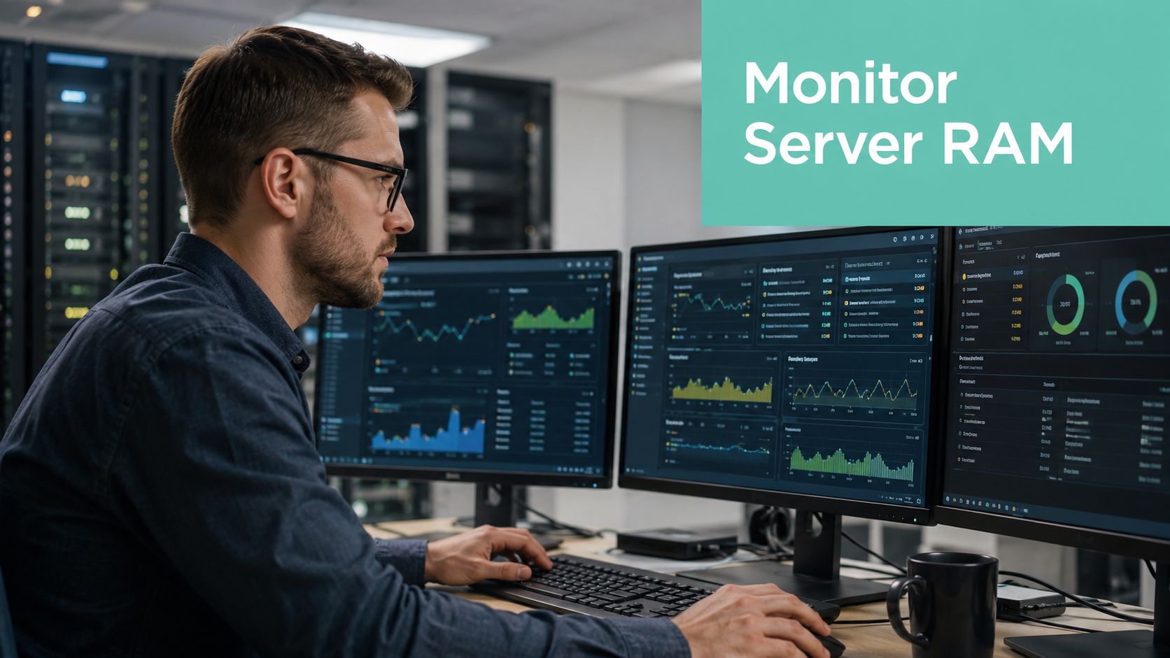 How Much RAM Do I Need? Your 2026 PC & Hosting Guide 7 A professional it specialist monitoring server ram usage on multiple computer screens in a server room.