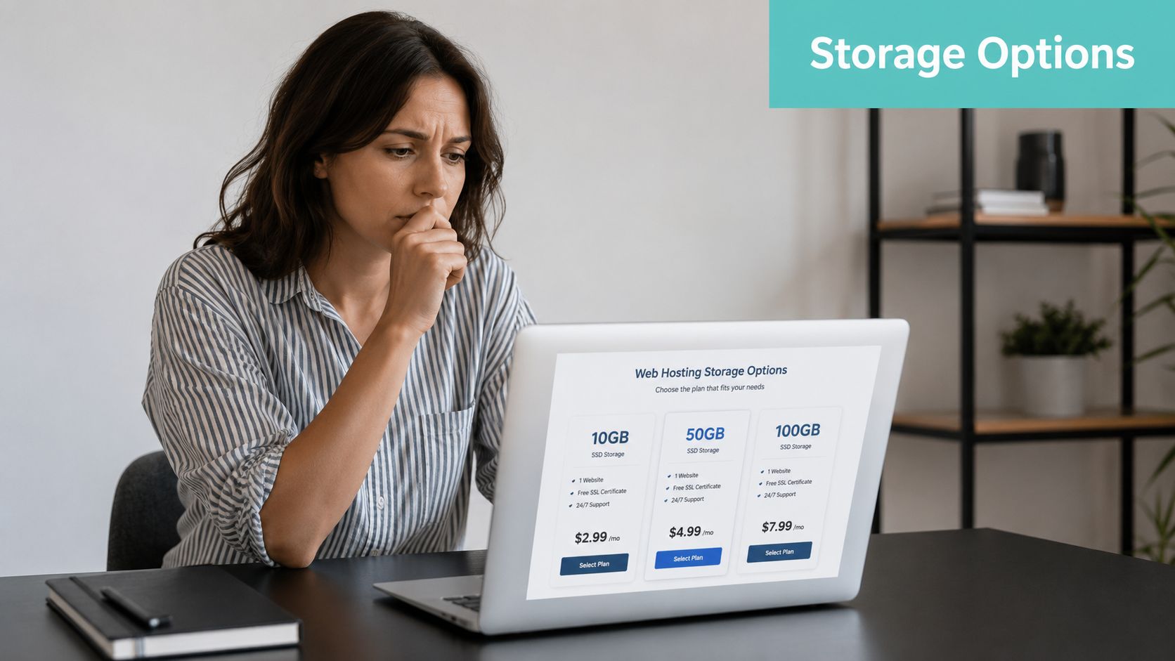 How Much Storage Do I Need? Your 2026 Web Hosting Guide 2 A concerned woman sitting at a desk and choosing between three web hosting storage plans on her laptop.