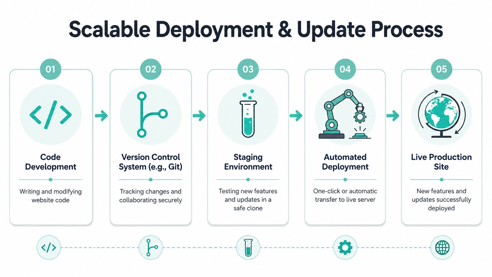 How to Manage Multiple Websites: An Aussie Agency Guide 5 A five-step infographic showing the scalable deployment and update process for website development and maintenance.