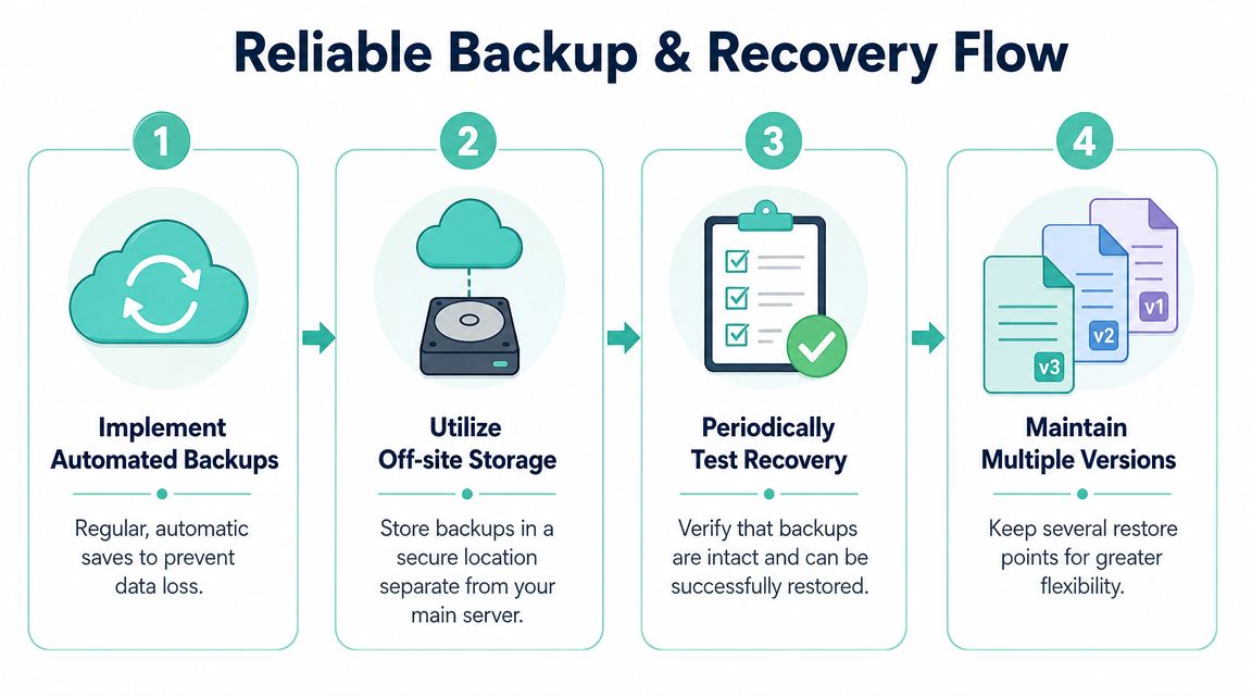 Your 2026 Guide: How to Protect Website from Malware 6 A four-step infographic illustrating a reliable data backup and recovery flow for digital security.