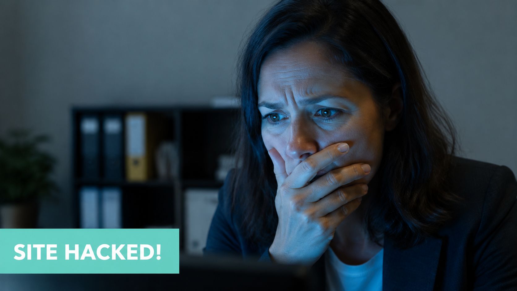 Your 2026 Guide: How to Protect Website from Malware 2 A concerned professional woman looking shocked and worried while working on a computer in a dark office.