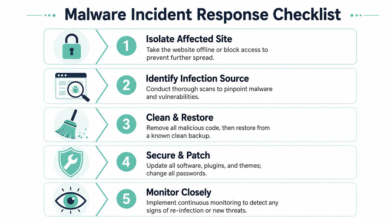 Your 2026 Guide: How to Protect Website from Malware 8 A five-step checklist illustrating essential actions for responding to and remediating a website malware infection incident.