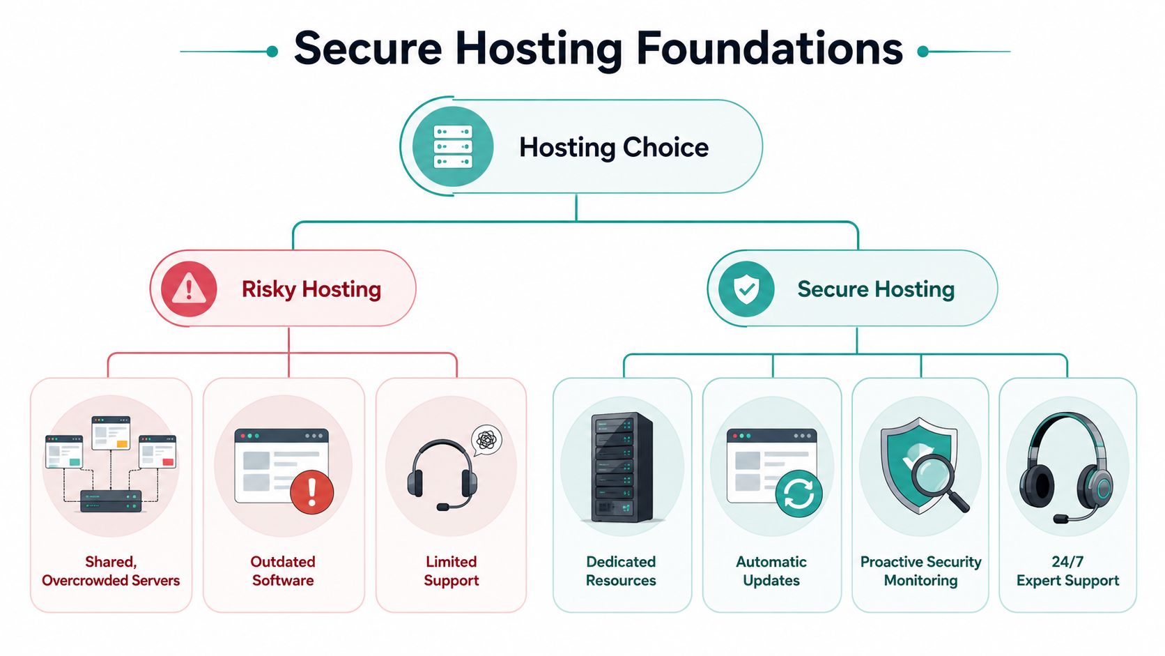 Your 2026 Guide: How to Protect Website from Malware 3 An infographic comparing risky hosting features versus secure hosting foundations for website security and server management.