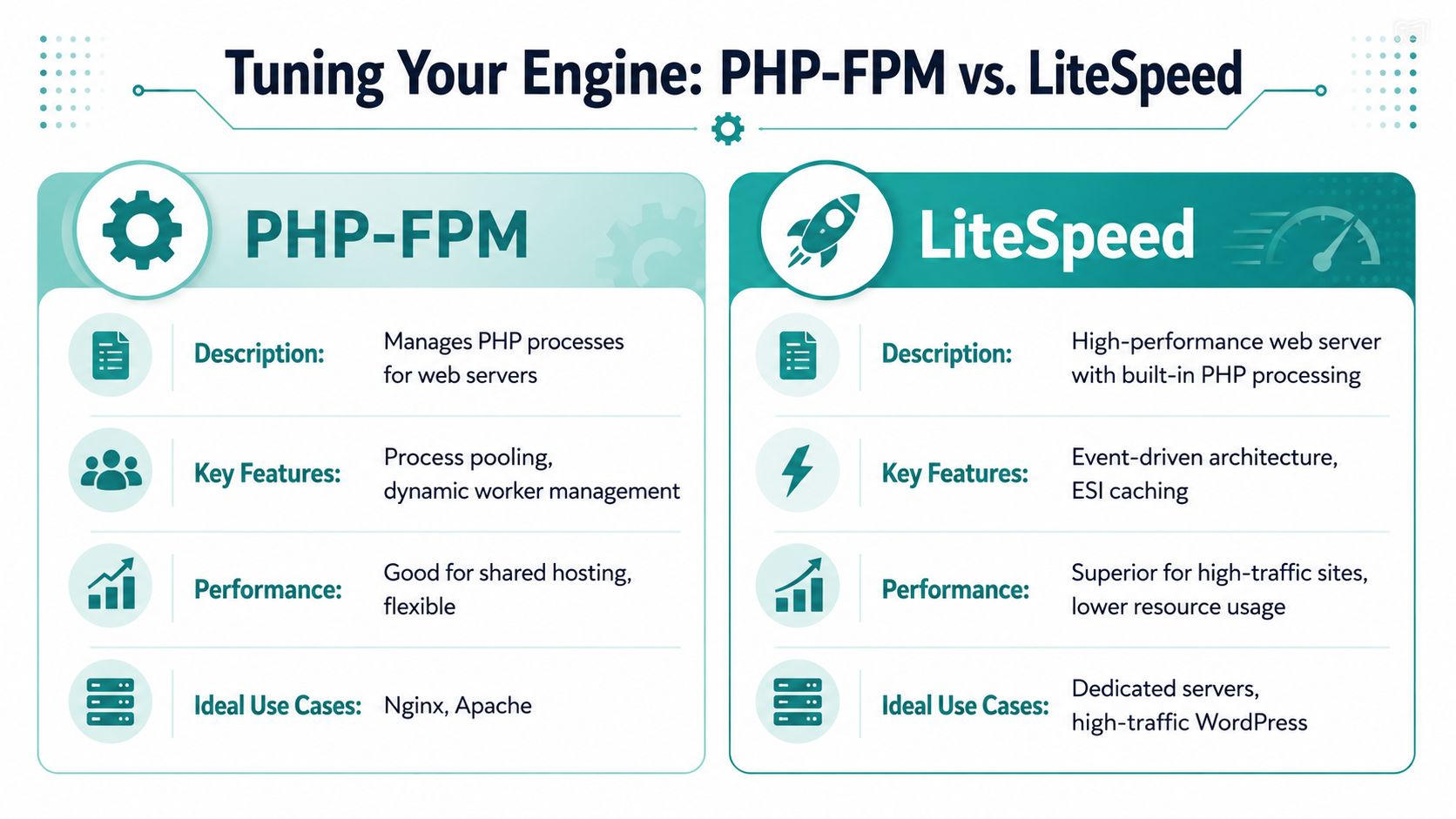 PHP Performance Tuning: A Practical Guide for 2026 4 A comparison chart outlining the key differences and performance features between php-fpm and litespeed server technologies.